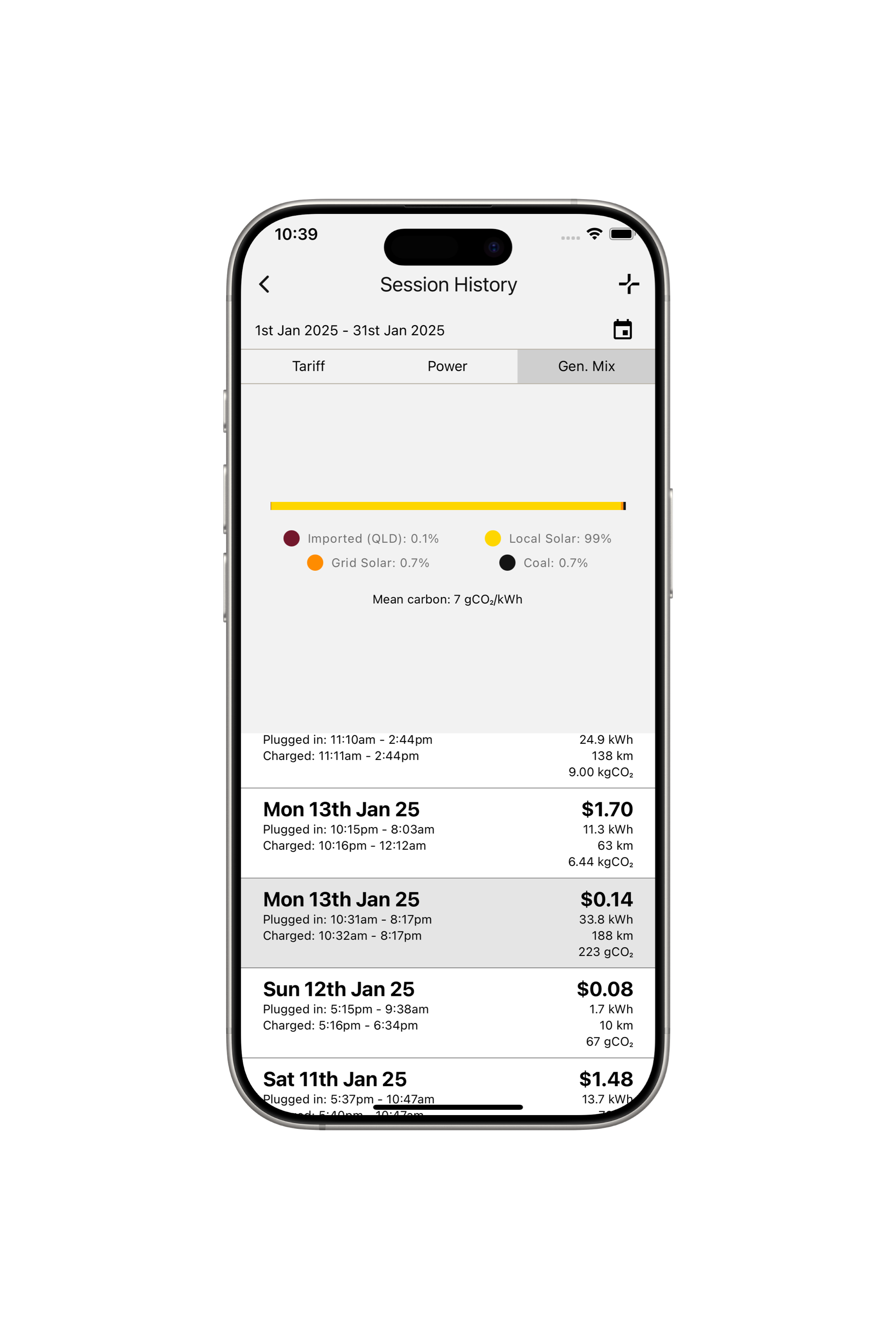The Evnex driver app showing a month of charging sessions — each one's cost, energy used, range added and carbon, with a solar-vs-grid generation mix.
